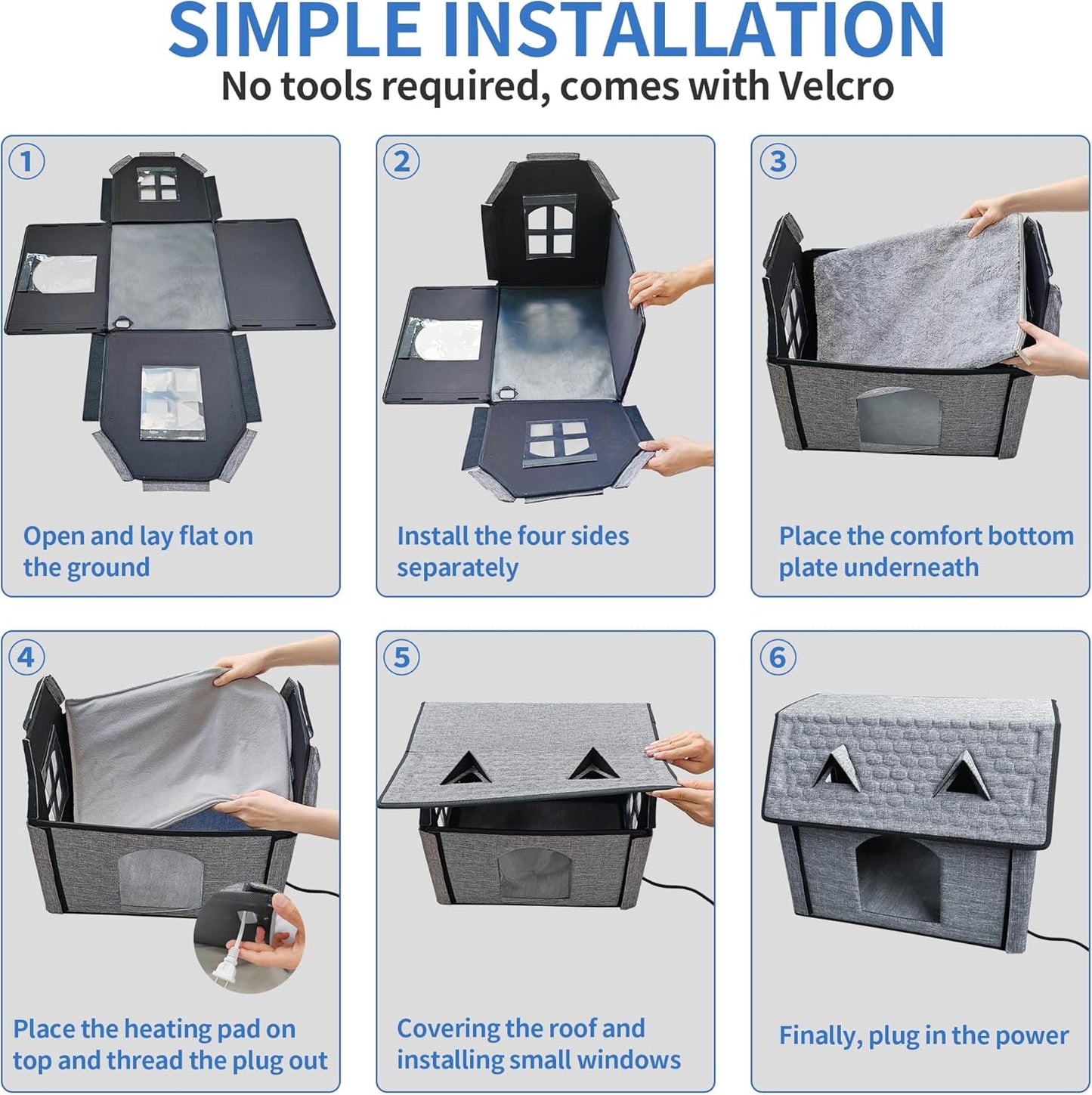 Heated Cat House – Indoor & Outdoor Foldable Shelter with Smart Thermostat & Waterproof Design | Includes Cozy Windows & Heating Pads for Cats & Puppies