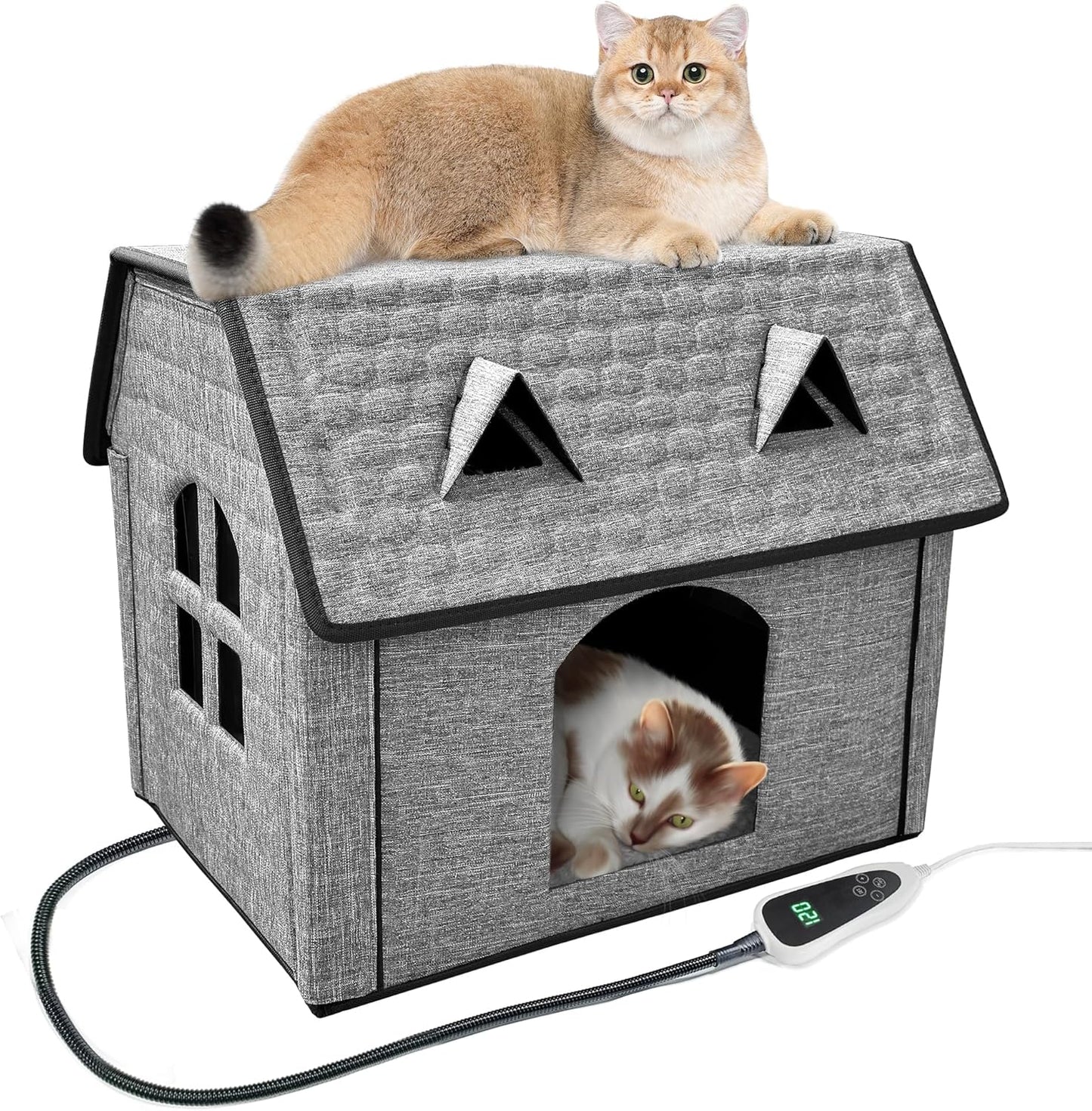 Heated Cat House – Indoor & Outdoor Foldable Shelter with Smart Thermostat & Waterproof Design | Includes Cozy Windows & Heating Pads for Cats & Puppies