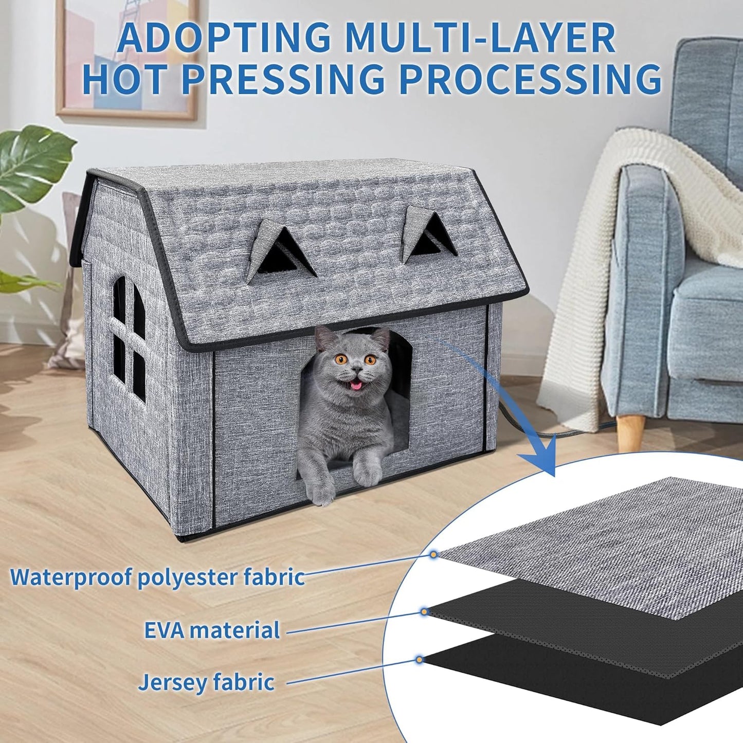 Heated Cat House – Indoor & Outdoor Foldable Shelter with Smart Thermostat & Waterproof Design | Includes Cozy Windows & Heating Pads for Cats & Puppies