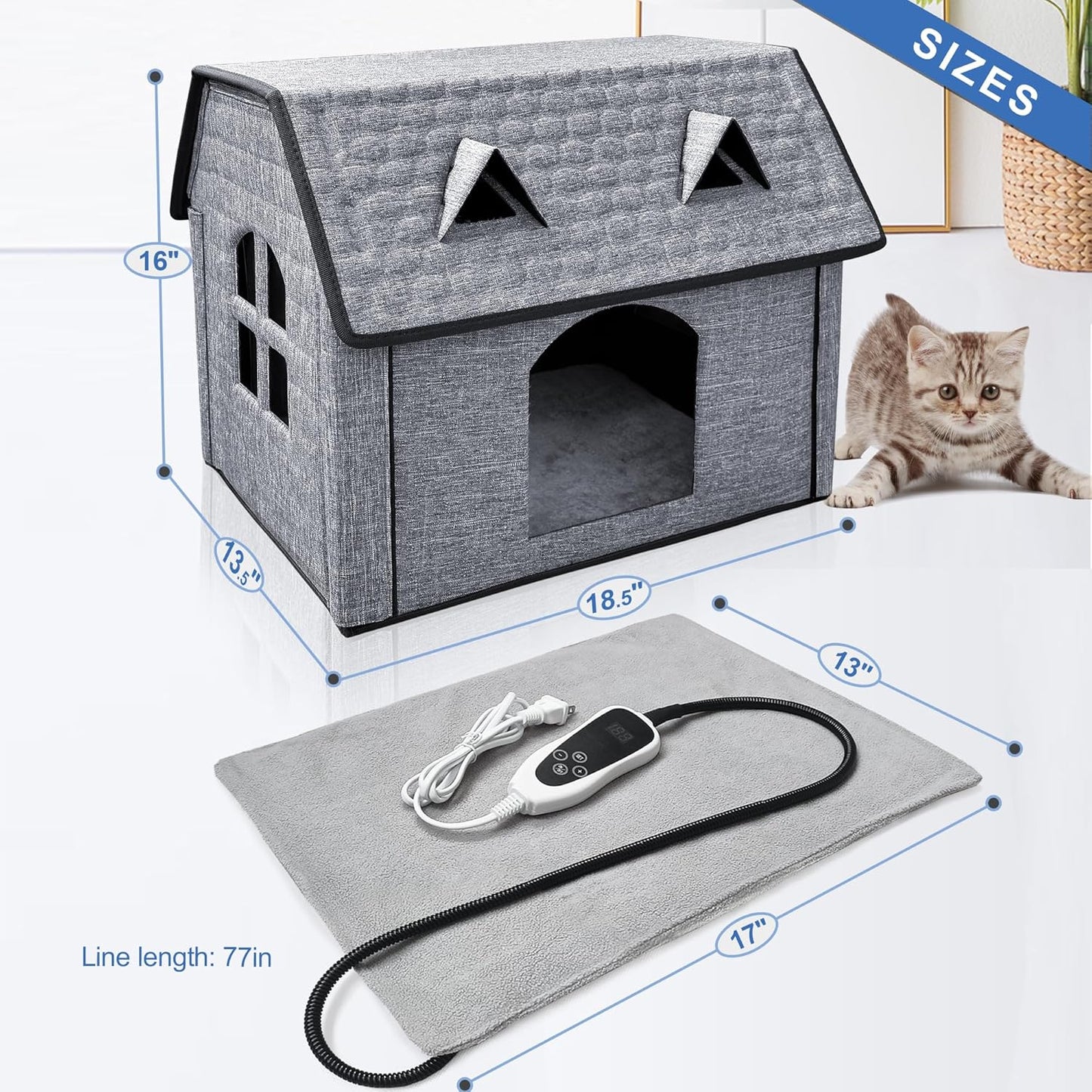 Heated Cat House – Indoor & Outdoor Foldable Shelter with Smart Thermostat & Waterproof Design | Includes Cozy Windows & Heating Pads for Cats & Puppies