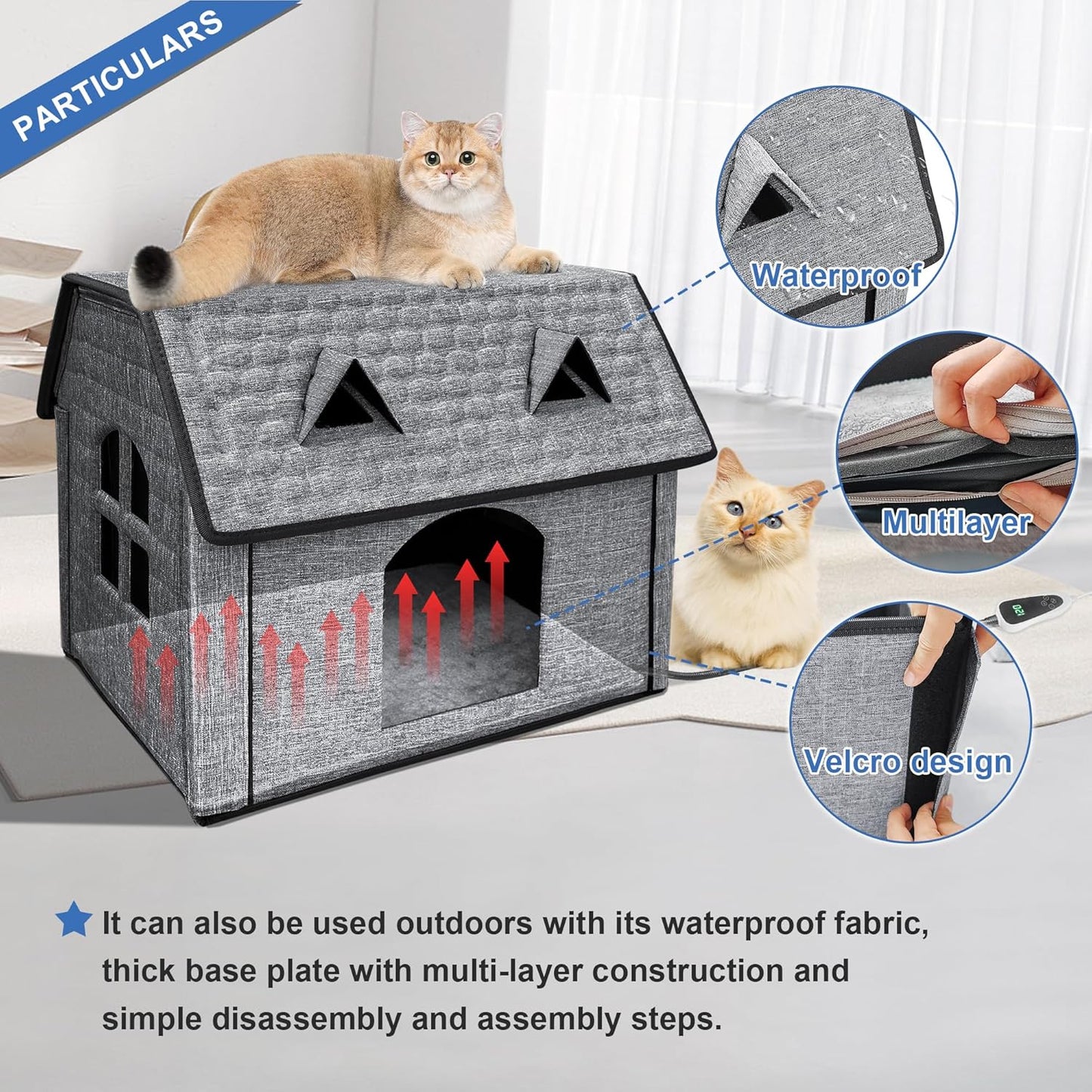 Heated Cat House – Indoor & Outdoor Foldable Shelter with Smart Thermostat & Waterproof Design | Includes Cozy Windows & Heating Pads for Cats & Puppies