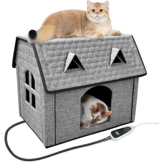 Heated Cat House – Indoor & Outdoor Foldable Shelter with Smart Thermostat & Waterproof Design | Includes Cozy Windows & Heating Pads for Cats & Puppies